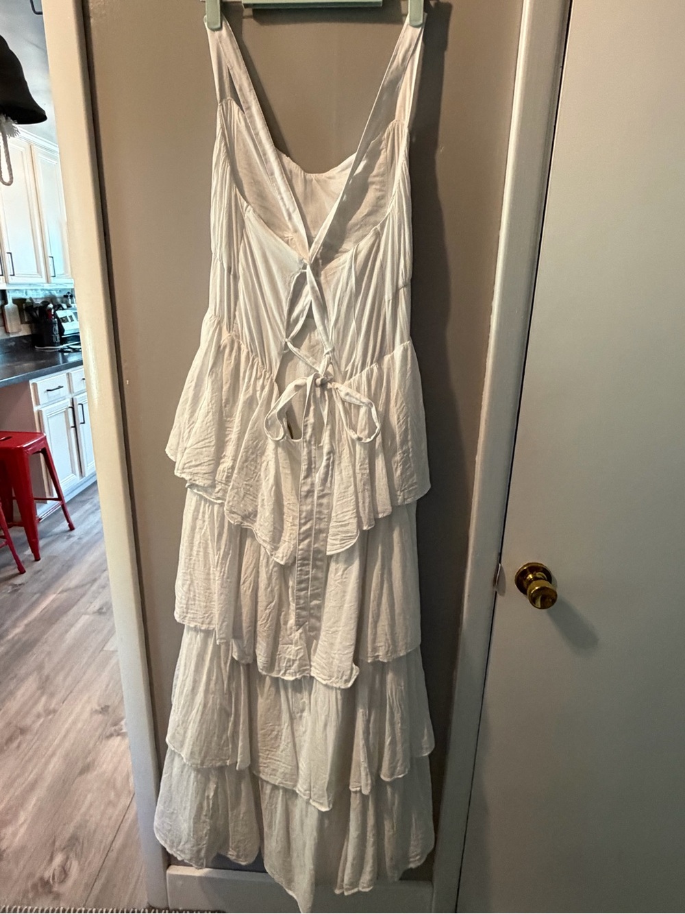 Abercrombie & Fitch White Tiered Spaghetti-Strap Maxi Dress with Tie Back - Picture 2 of 5